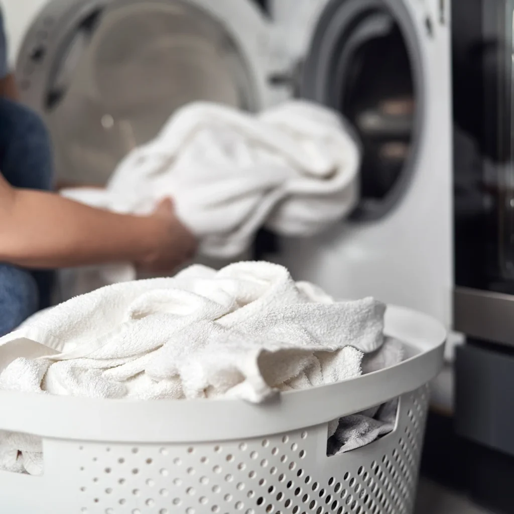 Loading white towels into a commercial washing machine